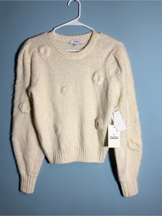 CeCe Sweaters - CeCe Cream Textured Pom Crewneck Sweater